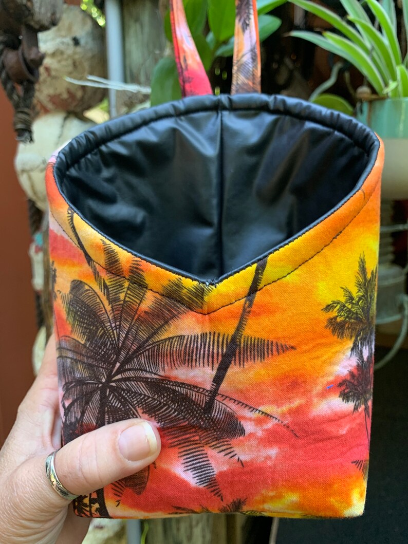 Fabric Hanging basket in tropical print, faux leather basket, palm tree decor, room organizer, cosmetics holder, gift basket, surf decor image 6