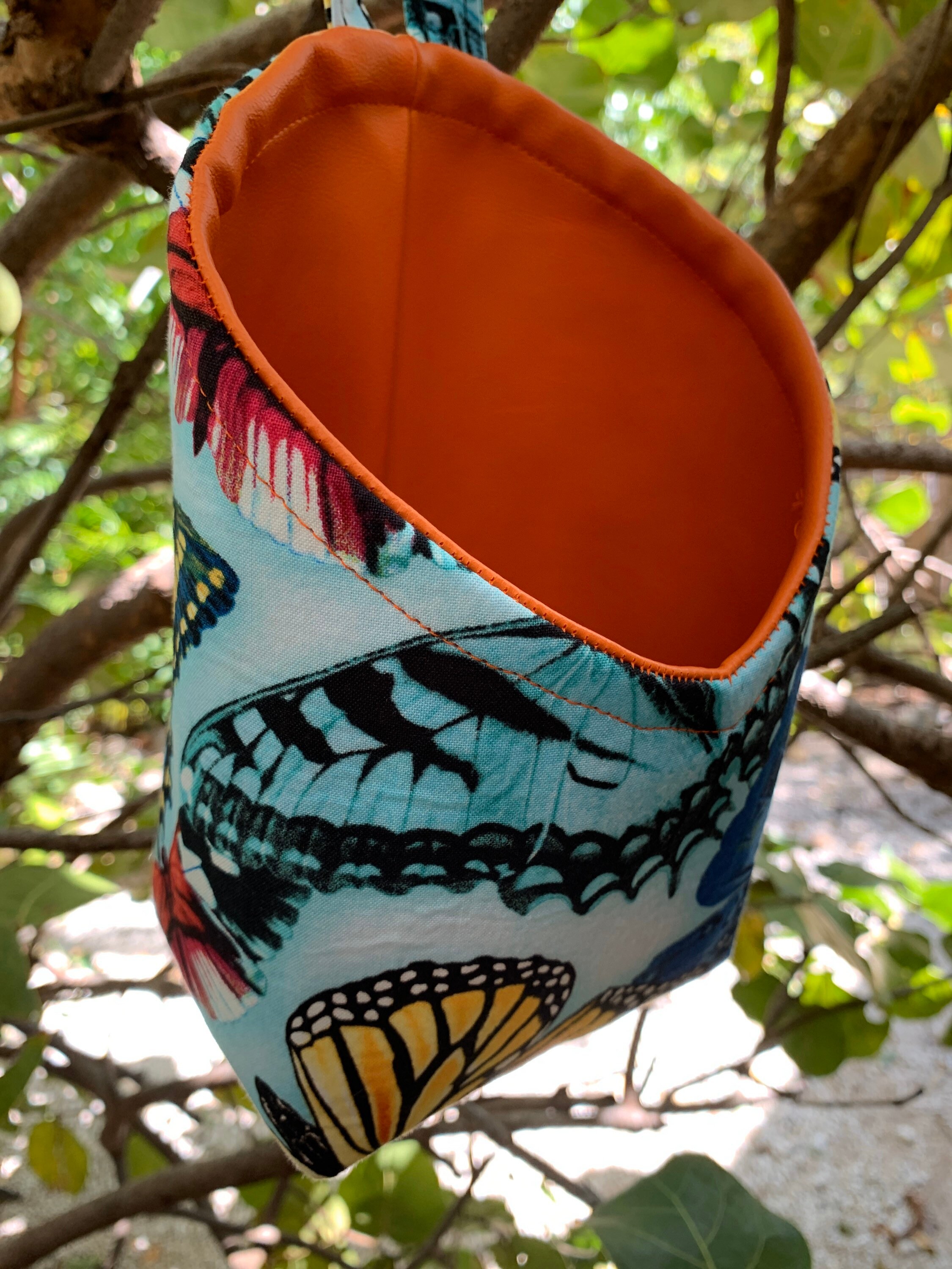 Fabric hanging basket, butterfly print basket, Garden theme decor