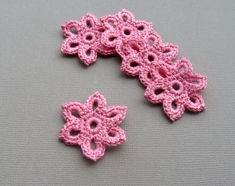 5 Crochet Flower Appliques -- 1-3/8 inch Diameter, in Medium Pink