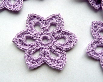 3 Crochet Flower Appliques -- 2 inch Diameter, in Lilac Purple