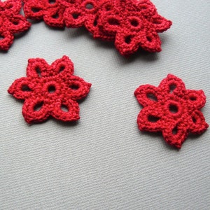 5 Crochet Flower Appliques 1-3/8 inch Diameter, in Bright Red image 1