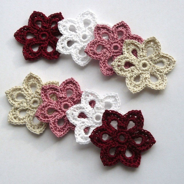 8 Crochet Flower Appliques -- Vintage Valentine Multicolored Assortment