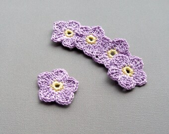 5 Crochet Flower Appliques -- 1-1/2 inch Flax Flowers, in Lilac Purple