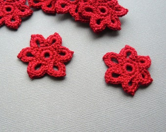 10 Crochet Applique Flowers -- 1-3/8 inch Diameter, in Bright Red