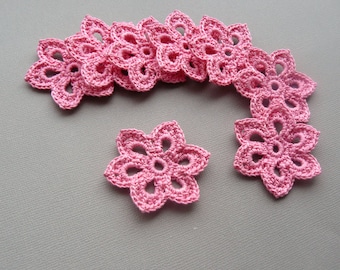 8 Pink Flower Appliques -- 2 inch Diameter, Crochet Flowers