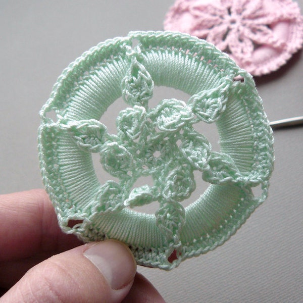 Crochet Christmas Ornament -- Mint Green Leafy Medallion