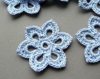 3 Crochet Flower Appliques -- 2 inch Diameter, in Cornflower Blue