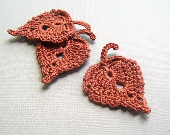 3 Crochet Leaf Appliques -- Russet Brown Birch Leaves