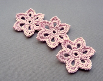 3 Pale Pink Flower Appliques -- 2 inch Diameter, Crochet Flowers