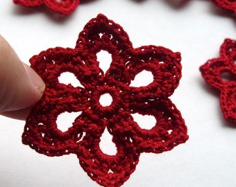 5 Crochet Applique Flowers -- 2 inch Diameter, in Bright Red