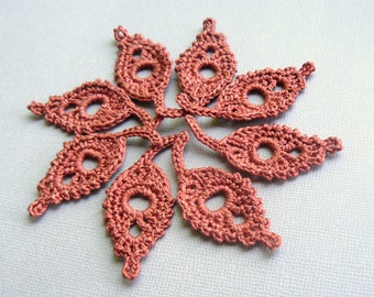 8 Crochet Leaf Appliques -- Russet Brown Willow Leaves