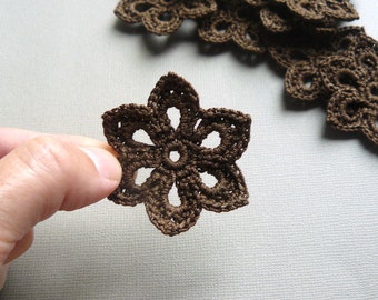 5 Crochet Flower Appliques -- 2 inch Diameter, in Chocolate Brown