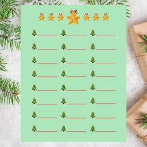 Può includere: Un foglio verde stampabile con un design di albero di Natale e stella. Il foglio ha 20 righe per scrivere con una linea rossa sotto ogni riga.