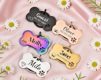 Bonita placa de identificación personalizada para perro, placa de identificación con forma de hueso, placa de identificación con nombre, placa de identificación para collar, placa de identificación para cachorro, placa de identificación de acero inoxidable personalizada.