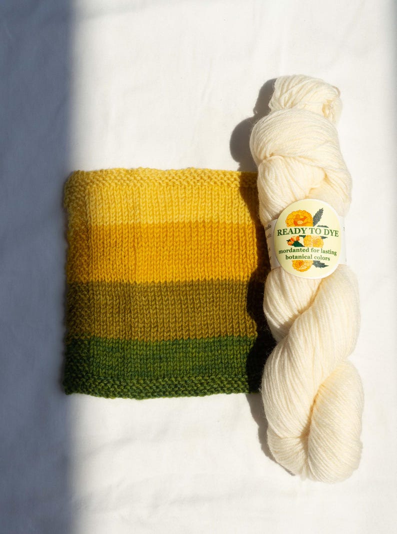 May include: A skein of off-white yarn with a circular label reading READY TO DYE mordanted for lasting botanical colors, alongside a knitted swatch featuring horizontal stripes of yellow, goldenrod, olive green, and dark forest green.
