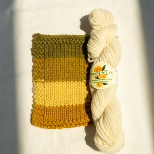 May include: A rectangular knitted swatch featuring horizontal stripes in shades of olive green, mustard yellow, and golden yellow, paired with a skein of off-white yarn. The yarn label reads READY TO DYE mordanted for lasting botanical colors.