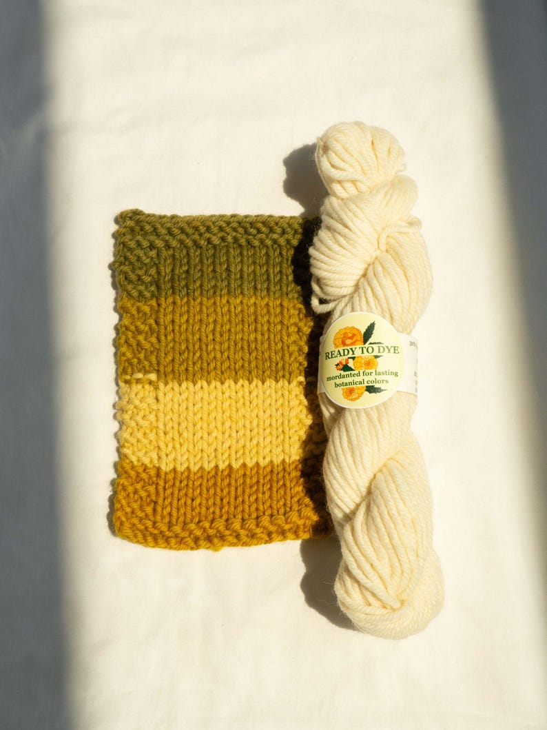 May include: A rectangular knitted swatch featuring horizontal stripes in shades of olive green, mustard yellow, and golden yellow, paired with a skein of off-white yarn. The yarn label reads READY TO DYE mordanted for lasting botanical colors.