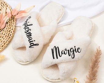 Fluffy Bride Bridesmaid Slippers, Bachelorette Party, Bridesmaid Gifts Proposal, Personalized Soft House Slippers, Bachelorette Party Gift