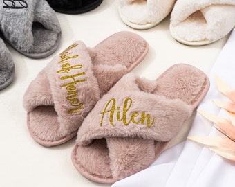 Custom Name Fluffy Slippers, Bride Bridesmaid Slippers, Bachelorette Party, Bridesmaid Gifts Proposal, Bridal Shower, Bridal Party Gift