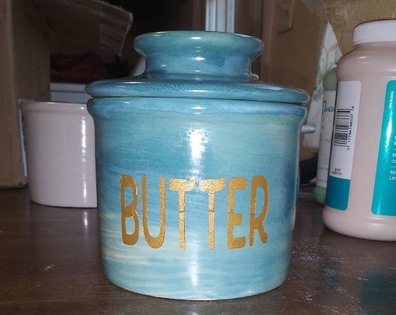 Butter Dish, French Butter Keep design, Ceramic Pottery, Ocean Blues/ gold colored letters
