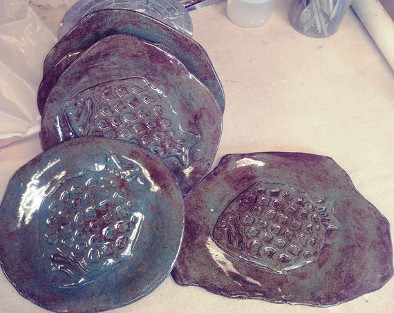 Plate, Set of 5, stoneware Pottery, Rustic Slab Built, Fish design