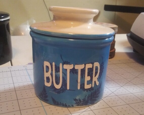 Butter Dish, French Butter Keep design, Ceramic Pottery, White and blue