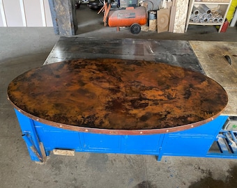 20 Gauge Hand-Hammered Oval Copper Tabletop: Rustic Riveted Edge, Farmhouse Decor