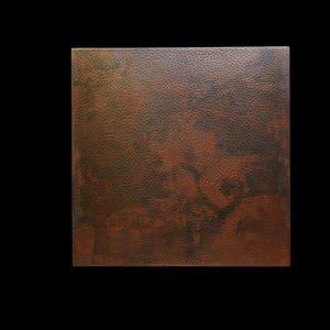 May include: A square copper tile with a hammered texture and a mottled brown, green, and orange patina.