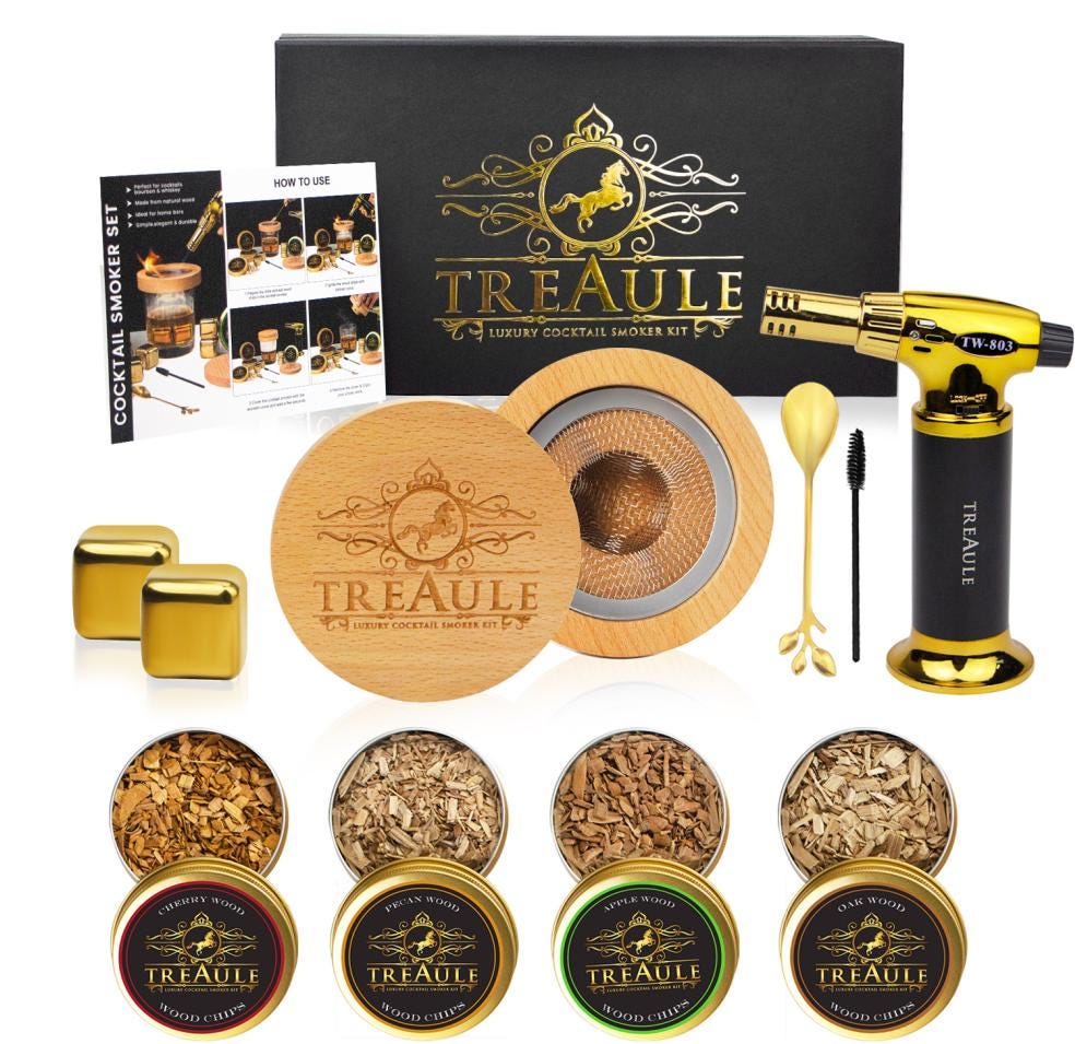 Old Fashioned Luxury Cocktail Smoker Kit with Torch Lighter, 4 Flavors Wood Chips, 2 Whiskey Rocks, Gifts for Men, Father's Day - No Butane