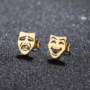 Bold and beautiful Minimalist Gold Drama Mask Earrings | Comedy Tragedy Studs | Theater Gift