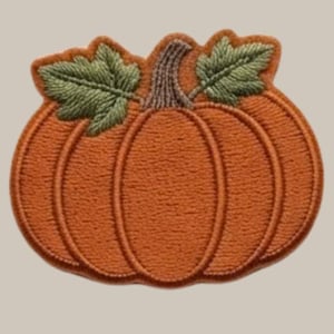 Puede incluir: Un parche bordado con forma de calabaza. La calabaza es de color naranja con detalles acanalados verticales, un tallo marrón y dos hojas verdes que se extienden desde la parte superior. Los bordes del parche están rematados con hilo naranja.
