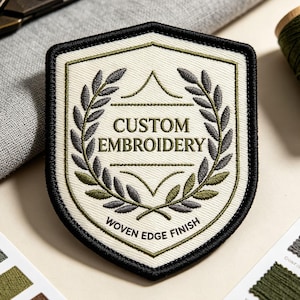 Peut inclure: Un écusson brodé en forme de bouclier avec un fond crème et une bordure noire épaisse. Le motif présente des feuilles de laurier vert olive et gris entourant le texte CUSTOM EMBROIDERY en noir, avec WOVEN EDGE FINISH imprimé en dessous.
