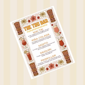 May include: A rectangular menu titled THE TIKI BAR featuring illustrations of tiki masks, palm trees, hibiscus flowers, and various cocktails. The text lists Mai Tai, Piña Colada, Mojito, Daiquiri, and Painkiller with descriptions for each drink.