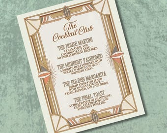 Art Deco Cocktail-Menü-Schild (PDF + Canva inklusive) | 8 Cocktails inklusive, Easy-To-Print