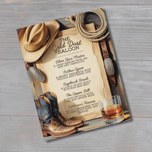 May include: A rustic-themed menu for "The Gold Dust Saloon" featuring a cowboy hat, rope, belt, and cowboy boots. The menu lists cocktails like the Silver Spur Martini and Cattleman's Reserve. The background is a weathered wood texture.