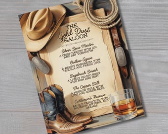 Western Cocktail Menu: The Gold Dust Saloon | Instant PDF for Printing & Editable Canva Template Included