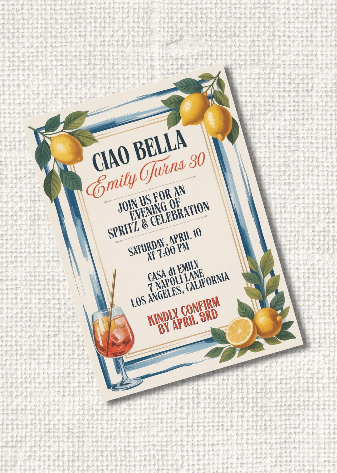 Italian-inspired Ciao Bella Birthday Invite: Spritz and Lemon Theme - Etsy