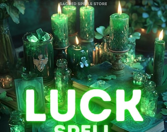 Może przedstawiać: Zielone świece, kryształy i butelki z zielonym płynem są ułożone na książce z napisem "LUCK SPELL" białymi literami. Obraz ma ciemnozielone tło, a na górze widnieje tekst "SAME DAY CAST - FAST RESULTS" i "SACRED SPELLS STORE".