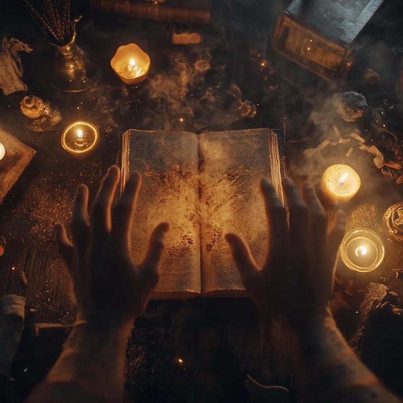 May include: A pair of hands hovering over an open book with glowing dust particles emanating from the pages. The book is surrounded by candles and other objects on a dark surface.