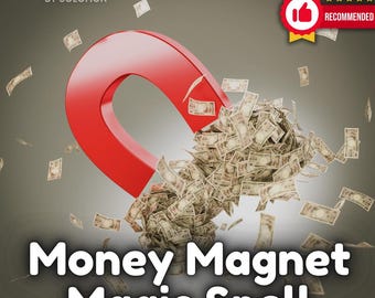 Könnte beinhalten: Ein roter Hufeisenmagnet zieht einen Stapel japanischer Yen-Scheine an, was einen Geldmagnet-Zauberspruch symbolisiert. Der Text "Money Magnet Magic Spell" ist in weißen Buchstaben auf grauem Hintergrund geschrieben. Das Bild enthält auch den Text "Etsy's #1 Readings & Magic by Solomon" und ein Daumen-hoch-Symbol mit dem Text "Empfohlen".
