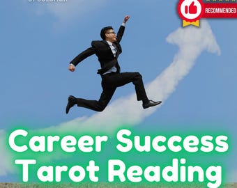 May include: A man in a suit jumps in the air against a blue sky with white clouds. The text "Career Success Tarot Reading" is in green letters on a green and brown background. The text "Same Day - Accurate" is below the main text. The text "ETSY'S #1 READINGS & MAGIC" is at the top of the image. The text "BY SOLOMON" is below the first line of text. A thumbs up icon with the text "RECOMMENDED" is in the upper right corner of the image.