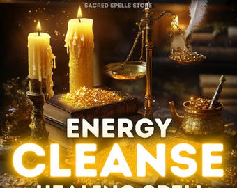 Op de afbeelding: Een gouden weegschaal, twee brandende kaarsen, een boek en een vijzel met stamper zijn op een donker houten oppervlak gerangschikt. Het boek is bedekt met gouden glitter en de tekst "ENERGY CLEANSE HEALING SPELL" wordt weergegeven in gele letters. De tekst "SAME DAY CAST - FAST RESULTS" wordt weergegeven in witte letters bovenaan de afbeelding. De tekst "SACRED SPELLS STORE" wordt weergegeven in witte letters onder de tekst "SAME DAY CAST - FAST RESULTS".