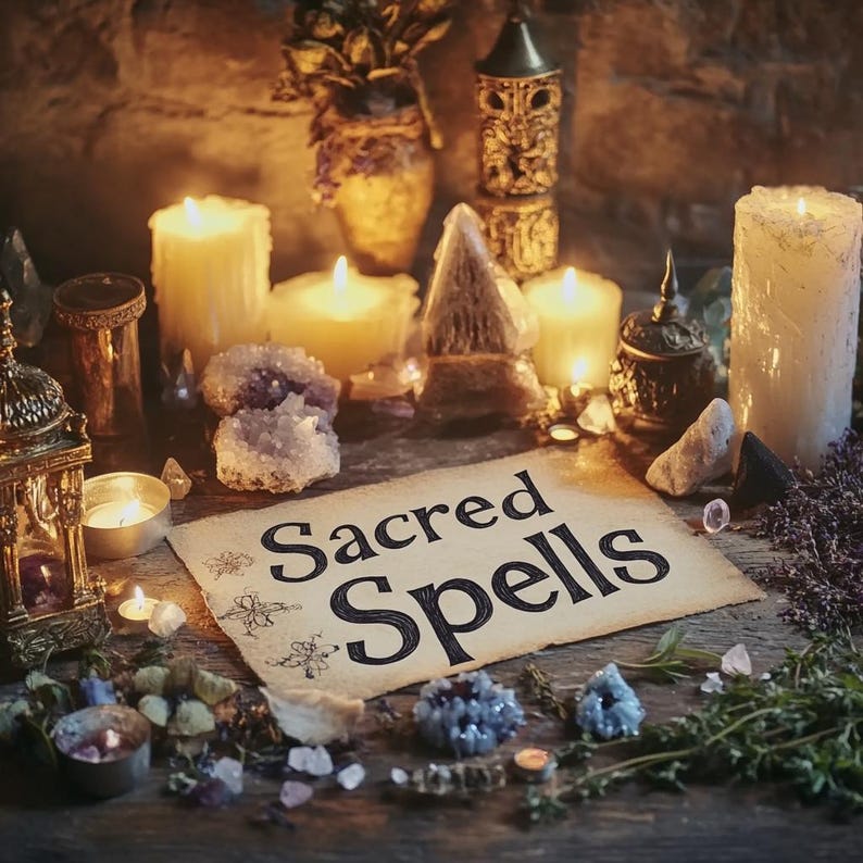 May include: A parchment paper with the words "Sacred Spells" written in black ink. The paper is surrounded by candles, crystals, and other magical objects.