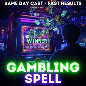 以下が含まれることがあります： ネオングリーンとパープルの看板に「GAMBLING SPELL」と書かれており、背景にはスロットマシンがあります。スロットマシンには「WINNER」と書かれた画面があり、落下するお金で囲まれています。