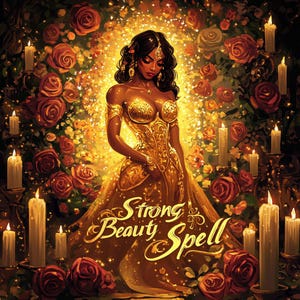 May include: A woman in a gold gown stands in a room decorated with roses and candles. The text "Strong Beauty Spell" is written in gold script on the gown.