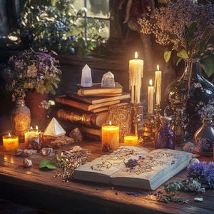 May include: A wooden table with a stack of old books, candles, crystals, and a book with a handwritten inscription. There are also several glass bottles and a vase with dried flowers.