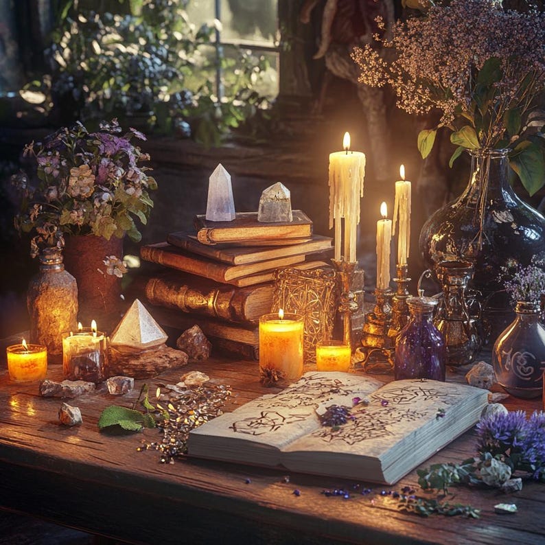 May include: A wooden table with a stack of old books, candles, crystals, and a book with a handwritten inscription. There are also several glass bottles and a vase with dried flowers.