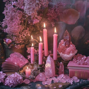 May include: Pink candles and crystals arranged on a table with a book and flowers. The candles are lit and the crystals are glowing. The flowers are pink and white.