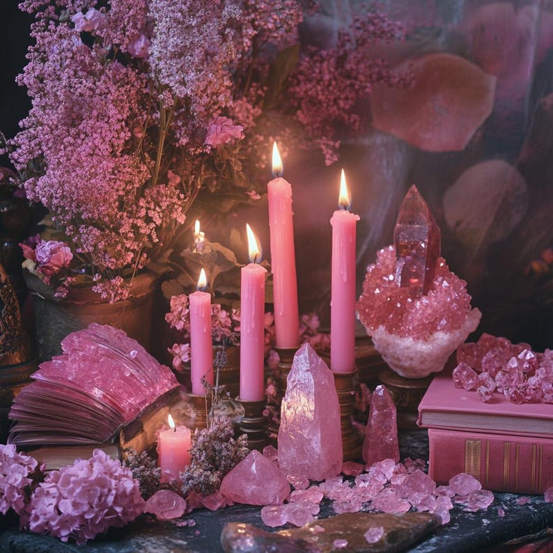 May include: Pink candles and crystals arranged on a table with a book and flowers. The candles are lit and the crystals are glowing. The flowers are pink and white.