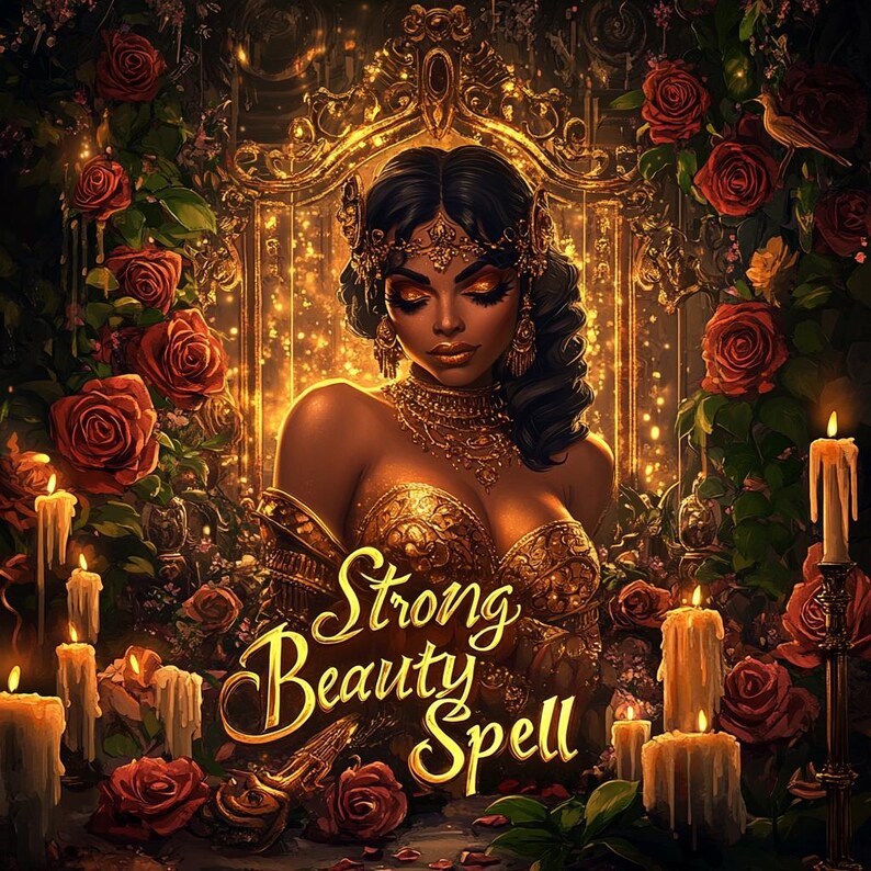 May include: A woman with dark hair and golden jewelry sits in front of a golden mirror. She is surrounded by red roses and lit candles. The text "Strong Beauty Spell" is written in gold script.